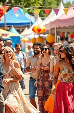 A vibrant and energetic scene featuring a diverse group of men and women engaged in an outdoor festival