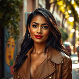 A 35-year-old Latina woman with dark hair, smooth caramel skin, and striking features