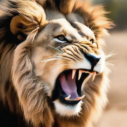 A staggering close-up of an irate lion roaring fiercely, its mane echoing the wild energy, captured as if in a high-end, professional wildlife photoshoot