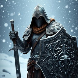 An epic Githyanki warrior clad in full plate mail armor, the intricate design showcasing elaborate engravings and a battle-worn look