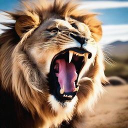 A staggering close-up of an irate lion roaring fiercely, its mane echoing the wild energy, captured as if in a high-end, professional wildlife photoshoot