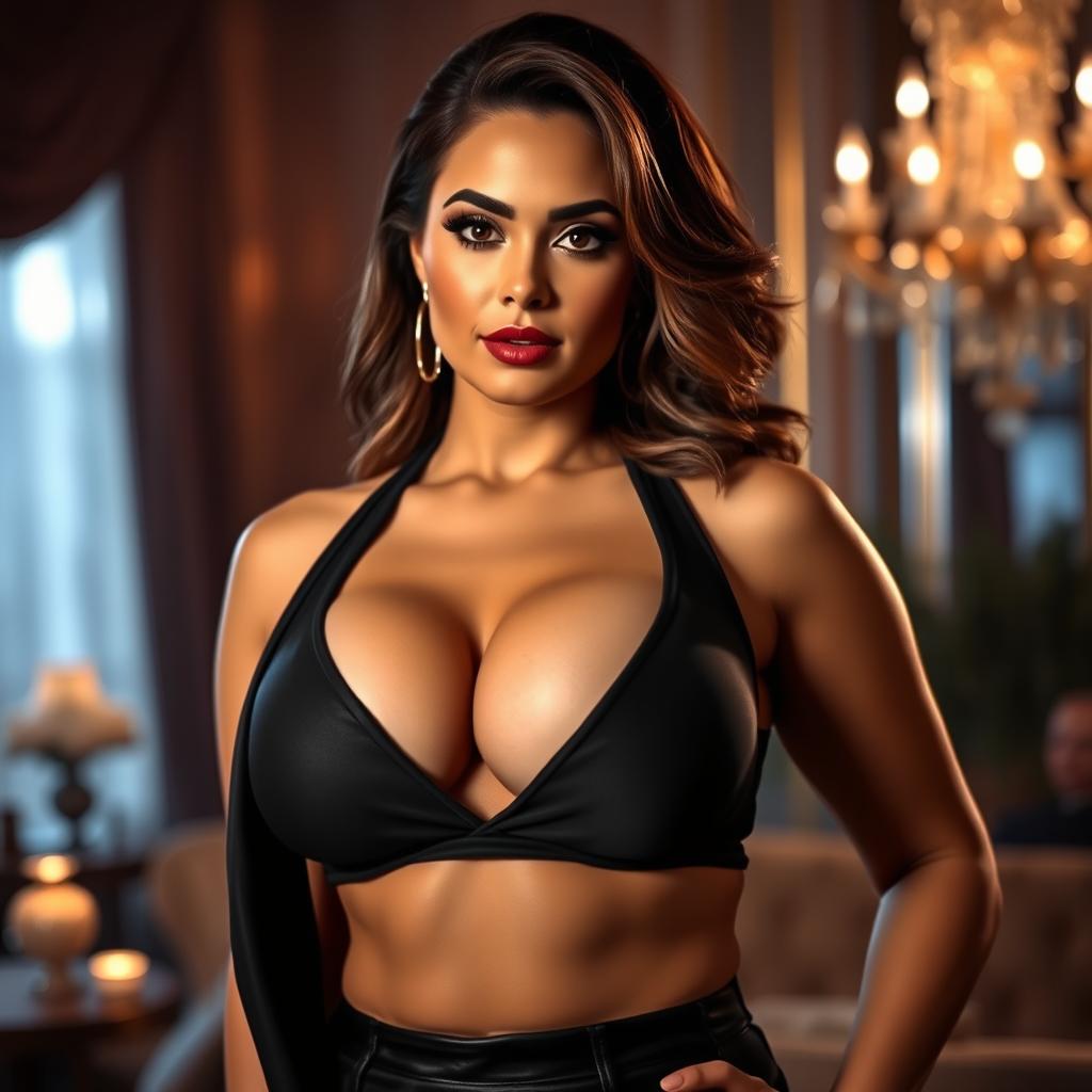 An adult woman with a voluptuous figure, prominently featuring her ample bust