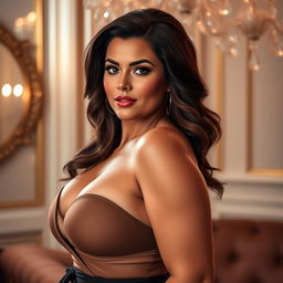 An adult woman with a voluptuous figure, prominently featuring her ample bust
