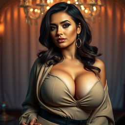 An adult woman with a voluptuous figure, prominently featuring her ample bust