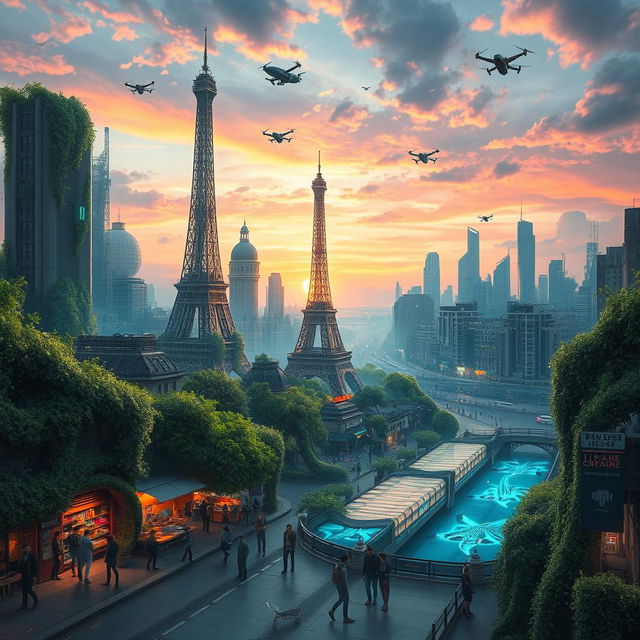 A captivating biopunk fantasy cityscape of Paris, where nature and technology intertwine harmoniously