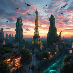 A captivating biopunk fantasy cityscape of Paris, where nature and technology intertwine harmoniously