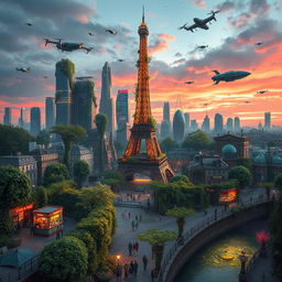 A captivating biopunk fantasy cityscape of Paris, where nature and technology intertwine harmoniously