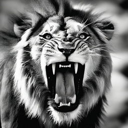 A hyperrealistic, black and white, close-up image of a visibly enraged lion roaring fiercely, his eyes blazing with wild energy, captured as if in a professional wildlife photoshoot