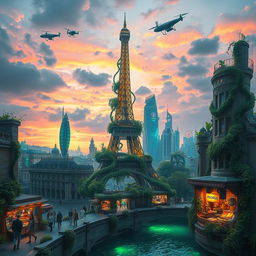 A captivating biopunk fantasy cityscape of Paris, where nature and technology intertwine harmoniously