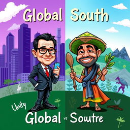 A vibrant and engaging caricature poster that represents the concepts of Global North and Global South