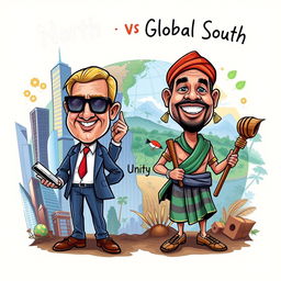 A vibrant and engaging caricature poster that represents the concepts of Global North and Global South