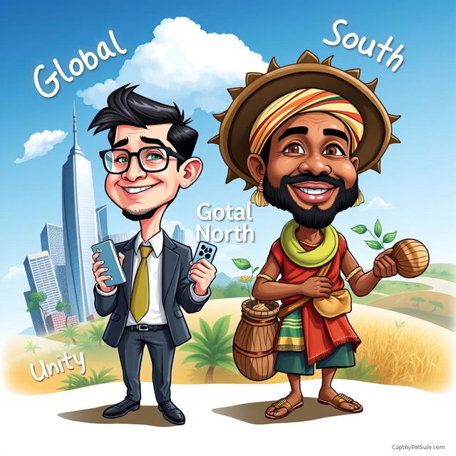 A vibrant and engaging caricature poster that represents the concepts of Global North and Global South