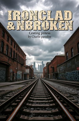 A striking urban landscape depicting the gritty charm of a train track area in a bustling city