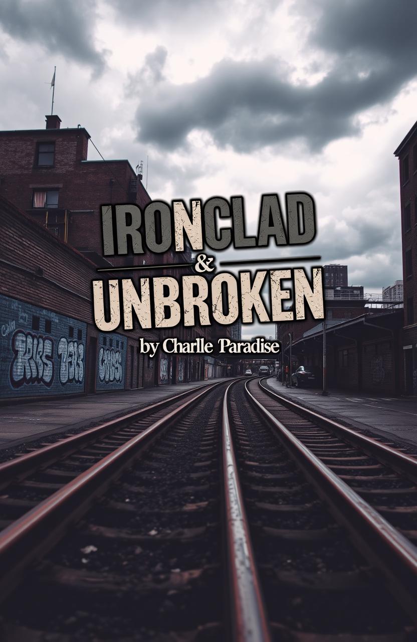 A striking urban landscape depicting the gritty charm of a train track area in a bustling city