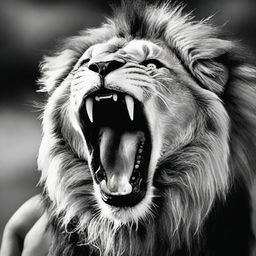 A hyperrealistic, black and white, close-up image of a visibly enraged lion roaring fiercely, his eyes blazing with wild energy, captured as if in a professional wildlife photoshoot