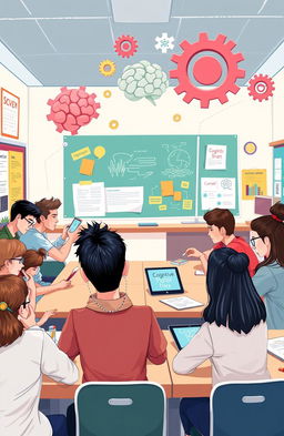 An illustrative representation of cognitive psychology in an educational setting, featuring a diverse group of students engaged in various learning activities, such as group discussions, problem-solving tasks, and using technology like tablets and computers
