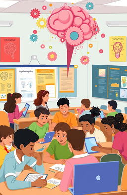 An illustrative representation of cognitive psychology in an educational setting, featuring a diverse group of students engaged in various learning activities, such as group discussions, problem-solving tasks, and using technology like tablets and computers