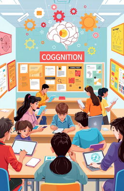 An illustrative representation of cognitive psychology in an educational setting, featuring a diverse group of students engaged in various learning activities, such as group discussions, problem-solving tasks, and using technology like tablets and computers