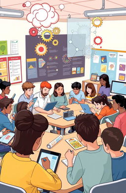 An illustrative representation of cognitive psychology in an educational setting, featuring a diverse group of students engaged in various learning activities, such as group discussions, problem-solving tasks, and using technology like tablets and computers