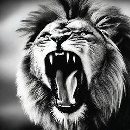 A hyperrealistic, black and white, close-up image of a visibly enraged lion roaring fiercely, his eyes blazing with wild energy, captured as if in a professional wildlife photoshoot