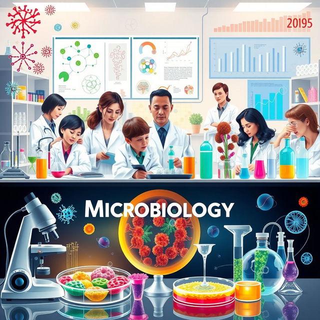 A visually captivating and educational representation of microbiology, showcasing principles, applications, and innovations