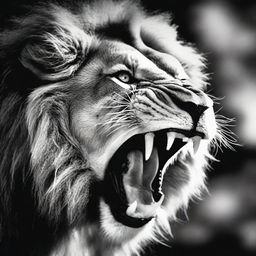 A hyperrealistic, black and white, close-up image of a visibly enraged lion roaring fiercely, his eyes blazing with wild energy, captured as if in a professional wildlife photoshoot