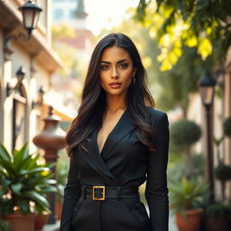A 35-year-old Latina woman with long, dark hair and striking features, characterized by her warm brown skin and expressive eyes