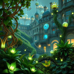 A stunning biopunk Art Nouveau scene set in Montmartre, featuring intricate organic designs integrated with nature and technology