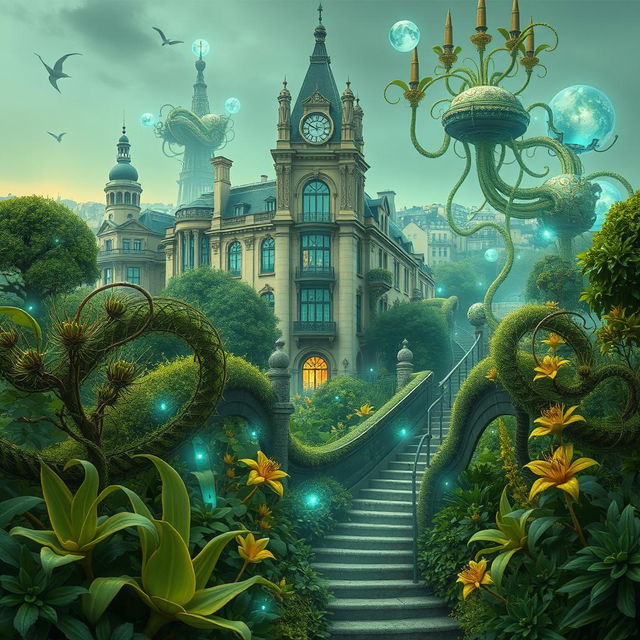 A stunning biopunk Art Nouveau scene set in Montmartre, featuring intricate organic designs integrated with nature and technology