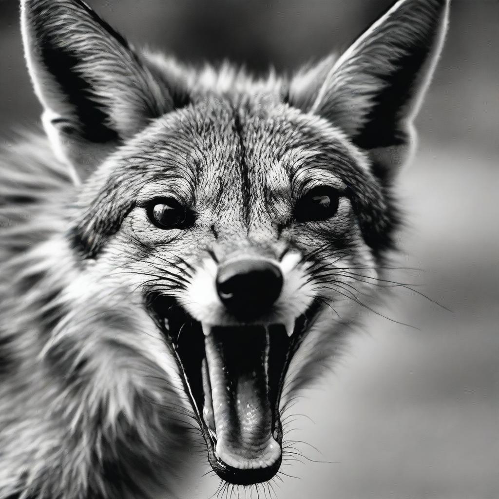 A hyperrealistic, black and white, close-up shot of an irate jackal snarling threateningly, every detail starkly outlined, as if captured in a high-end wildlife photoshoot