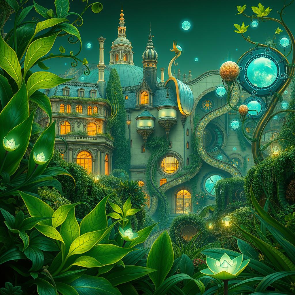 A stunning biopunk Art Nouveau scene set in Montmartre, featuring intricate organic designs integrated with nature and technology