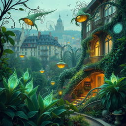 A stunning biopunk Art Nouveau scene set in Montmartre, featuring intricate organic designs integrated with nature and technology
