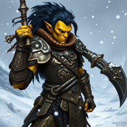 A mighty githyanki warrior with striking yellow skin and jet black hair, standing resolutely in a snow-covered landscape