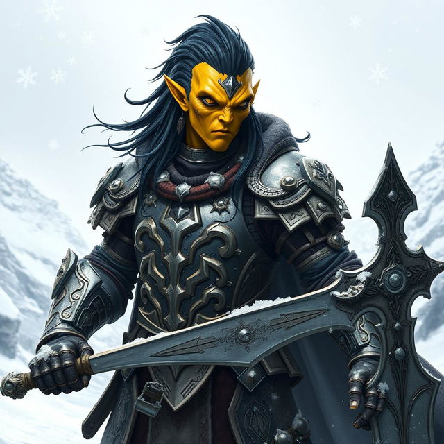 A mighty githyanki warrior with striking yellow skin and jet black hair, standing resolutely in a snow-covered landscape