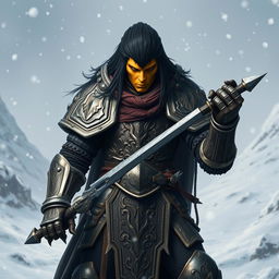 A mighty githyanki warrior with striking yellow skin and jet black hair, standing resolutely in a snow-covered landscape