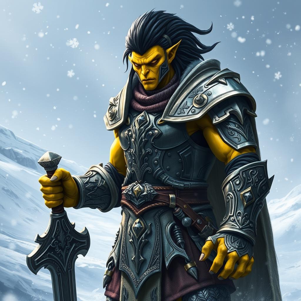 A mighty githyanki warrior with striking yellow skin and jet black hair, standing resolutely in a snow-covered landscape