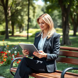 A beautifully realistic image of a 45-year-old blonde businesswoman sitting on a park bench, exuding confidence and professionalism