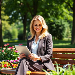 A beautifully realistic image of a 45-year-old blonde businesswoman sitting on a park bench, exuding confidence and professionalism