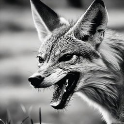 A hyperrealistic, black and white, close-up shot of an irate jackal snarling threateningly, every detail starkly outlined, as if captured in a high-end wildlife photoshoot