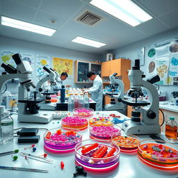A vibrant and detailed scene of a microbiology lab, showcasing advanced equipment like microscopes, petri dishes filled with colorful bacterial cultures, and researchers in lab coats analyzing samples