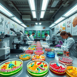 A vibrant and detailed scene of a microbiology lab, showcasing advanced equipment like microscopes, petri dishes filled with colorful bacterial cultures, and researchers in lab coats analyzing samples