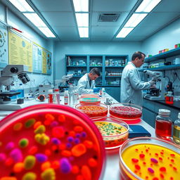 A vibrant and detailed scene of a microbiology lab, showcasing advanced equipment like microscopes, petri dishes filled with colorful bacterial cultures, and researchers in lab coats analyzing samples
