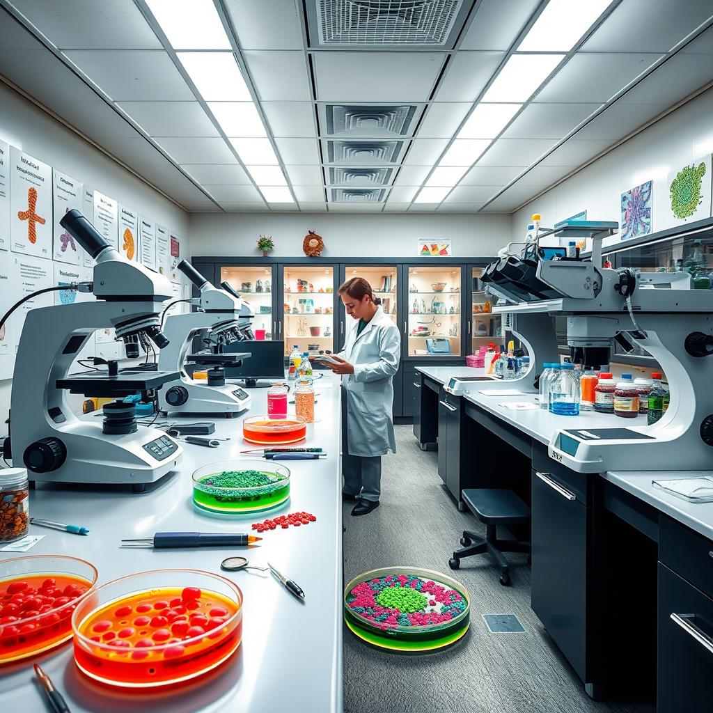 A vibrant and detailed scene of a microbiology lab, showcasing advanced equipment like microscopes, petri dishes filled with colorful bacterial cultures, and researchers in lab coats analyzing samples