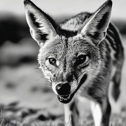 A hyperrealistic, black and white, close-up shot of an irate jackal snarling threateningly, every detail starkly outlined, as if captured in a high-end wildlife photoshoot