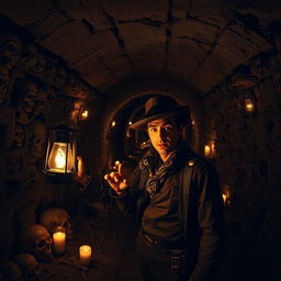 A mysterious and captivating scene inside the Catacombs of Paris, featuring dimly lit, ancient stone walls covered in intricate carvings