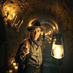A mysterious and captivating scene inside the Catacombs of Paris, featuring dimly lit, ancient stone walls covered in intricate carvings