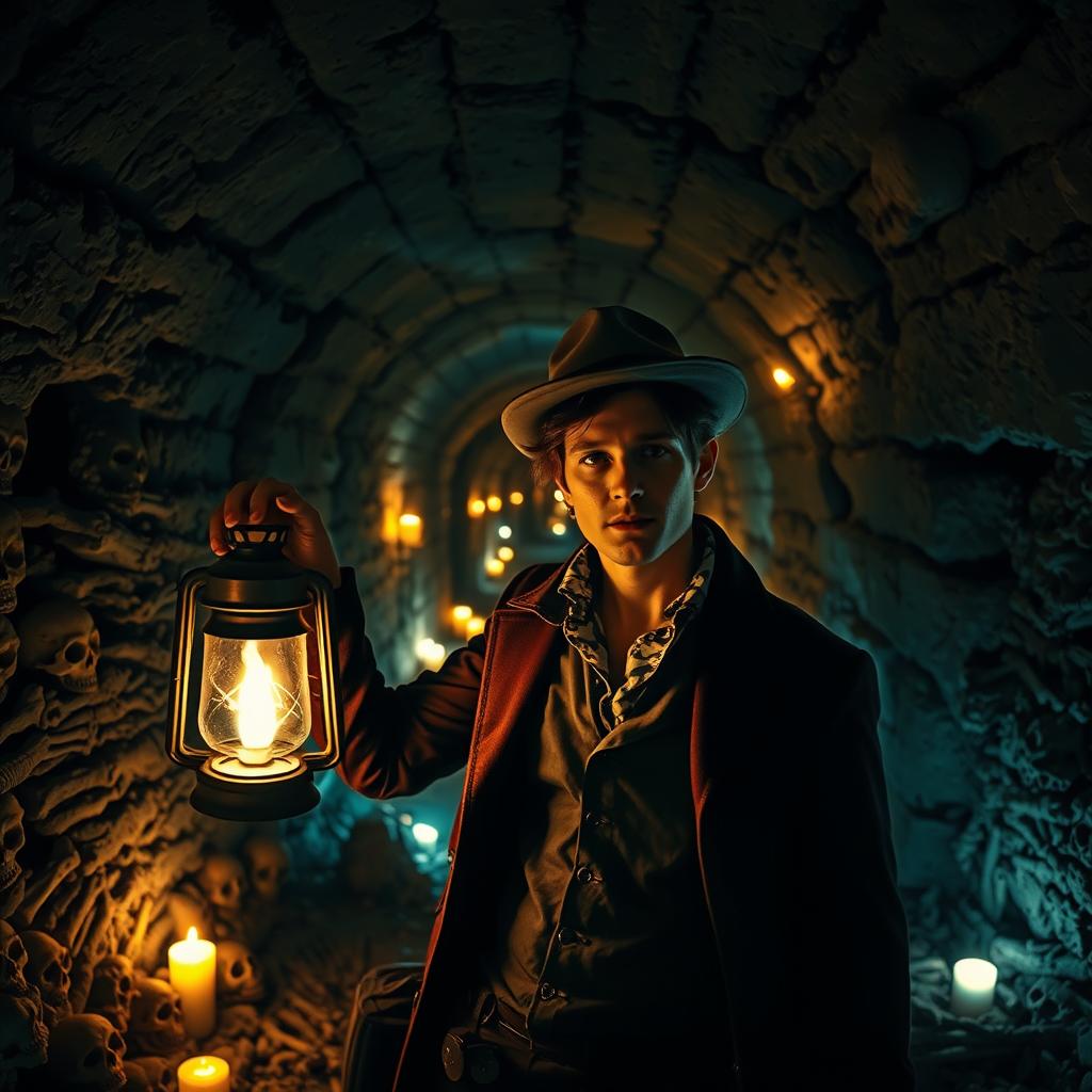 A mysterious and captivating scene inside the Catacombs of Paris, featuring dimly lit, ancient stone walls covered in intricate carvings