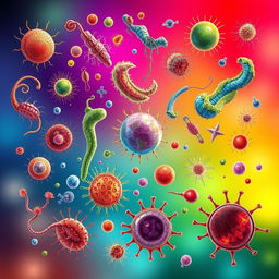 A striking and colorful illustration of various microorganisms, including bacteria, viruses, and protozoa, depicted in a highly detailed and artistic manner