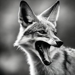 A hyperrealistic, black and white, close-up shot of an irate jackal snarling threateningly, every detail starkly outlined, as if captured in a high-end wildlife photoshoot