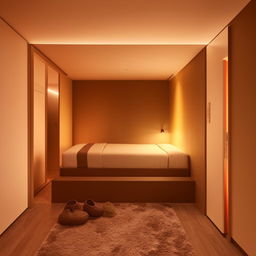 A 25 by 50 room's interior, view from the front showing the neat arrangement of modern furniture, warm lighting and sophisticated color scheme